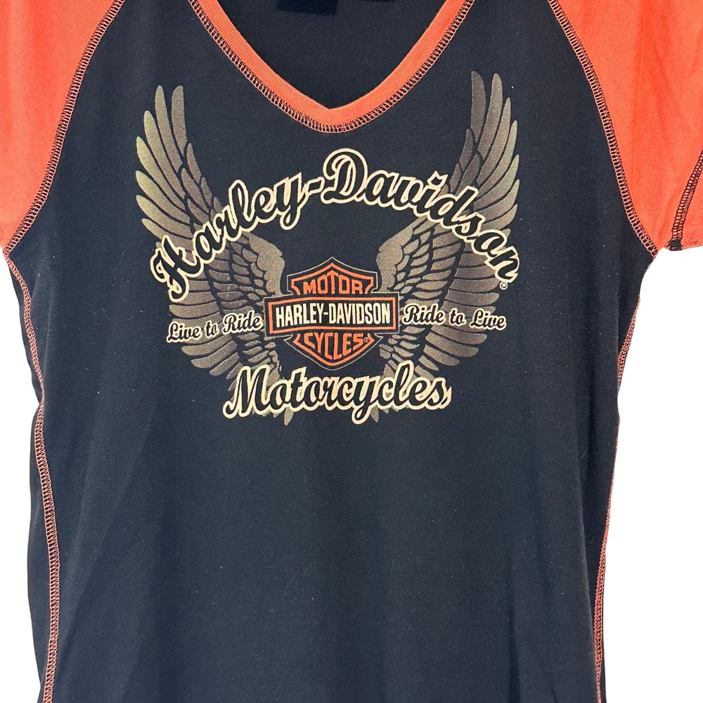 Harley-Davidson Womens Orange Black Raglan V-Neck Graphic T-Shirt Large - Picture 2 of 6